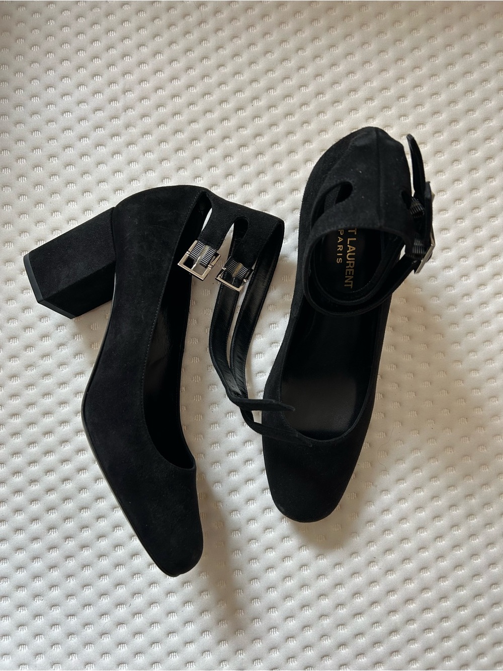 Saint Laurent Babies 70 Black Suede Double Strap Pumps EU 38